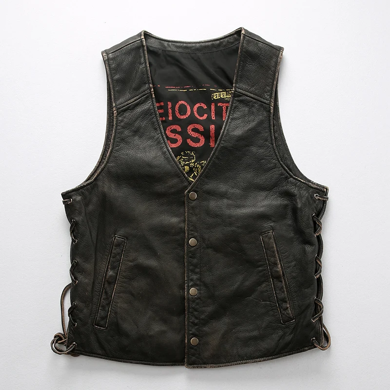 Promotion 8005 Read Description!Asian size super quality Cow leather vintage waistcoat men's cowhide leather stylish light reflecting vest