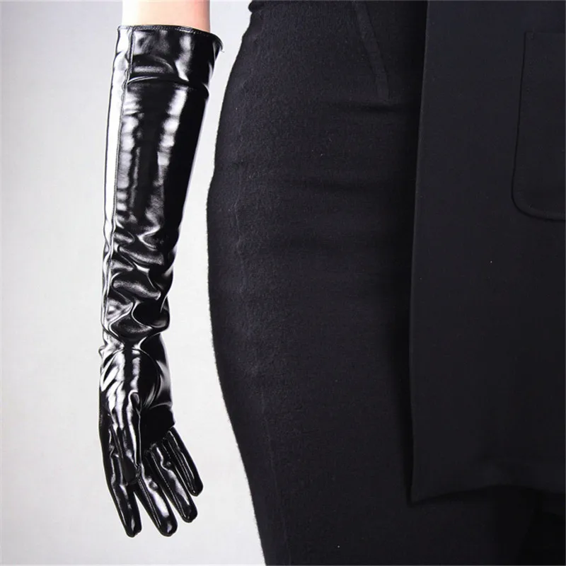 Long Style Patent Leather Gloves Woman Imitation Genuine Leather 50cm Bright Black With Lined Elegant Female Mittens Cosplay P28