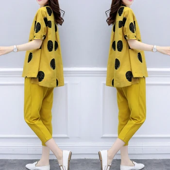 

Summer Korean Loose Polka Dot Casual Two Piece Set Women Super Size Harem Pants Fashion Clothing Artistic Women's Cloth