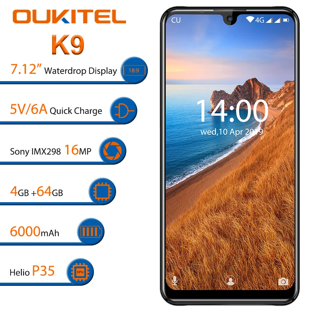 OUKITEL K9 водослива 7,1" FHD+ 1080*2244 16MP+ 2MP/8MP мобильный телефон 4GB 64GB Face ID смартфон 6000mAh 5 V/6A Быстрая зарядка OTG