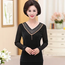 5XL плюс Размеры Для женщин v-образным вырезом футболка Топы с длинными рукавами Весна-осень среднего возраста Футболка для матерей Свободные повседневные топы пуловер Одежда