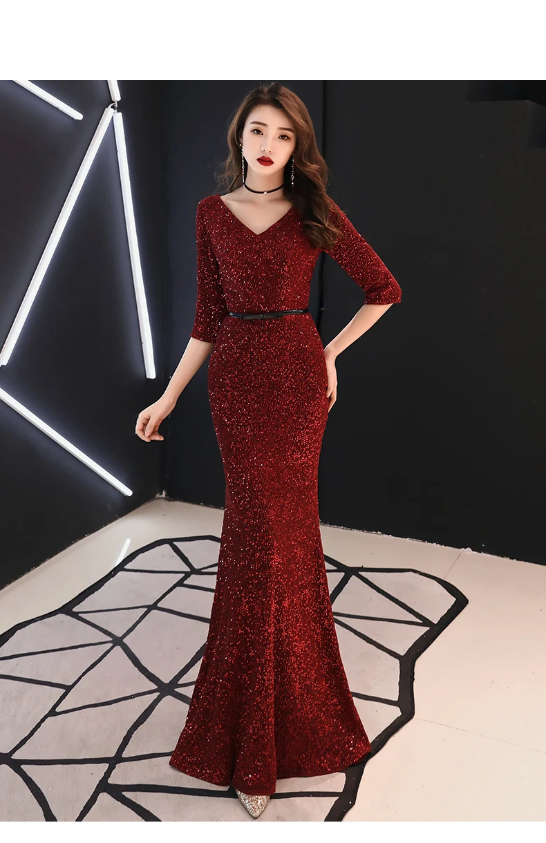 Weiyin женские вечерние платья с v-образным вырезом и рукавами Hlaf, вечерние платья с блестками цвета красного вина WY1520