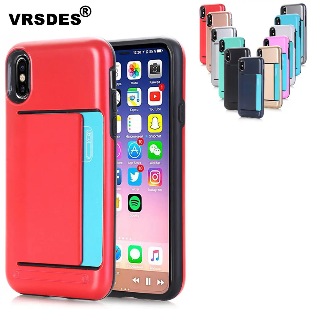 

VRSDES For iPhone XR XS Max X 5 5S SE Case Slide Armor Card Slots Holder Hard Cover for iPhone 7 8 Plus 6 6s 7plus 8plus Funda
