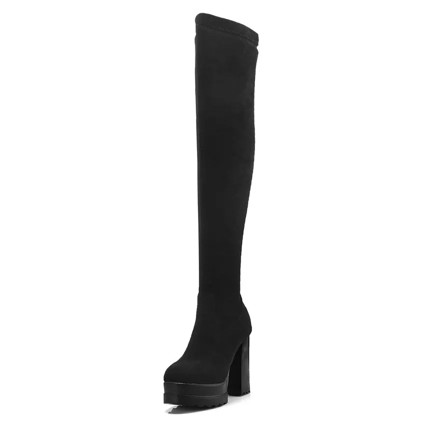 QUTAA/ г. Женские ботфорты выше колена зимние сапоги на платформе и высоком квадратном каблуке обувь высокого качества женские ботинки большой размер 34-42 - Цвет: Черный