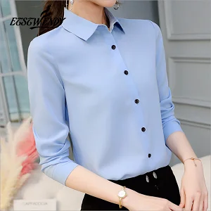 Новинка осени, Корейская Повседневная шифоновая блузка с длинным рукавом, элегантные женские топы, женская одежда, тонкая женская уличная одежда, синяя белая рубашка - Цвет: 173RX-light blue