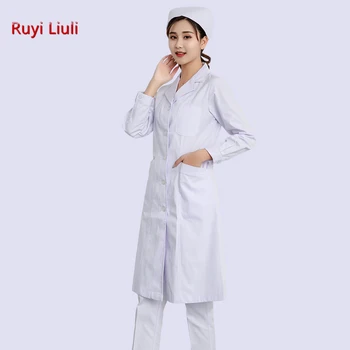 

Long sleeves in white gown, long style for women doctors, uniform for nurses, classic style for doctors