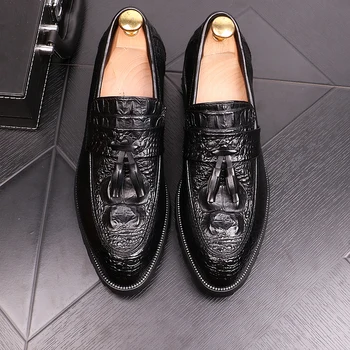 

Men Luxury Brand Designer Men's Fashion Snakeskin Grain Leather Pointed Toe Slip-on Wedding Shoes Mens Casual Flats