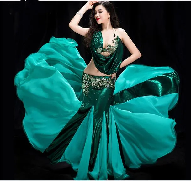 

Bling Bling Sequin Oriental Dance Outfit Women 2 Piece Bellydance Performance Costume Bra Fishtail Skirt Sexy Dark Green