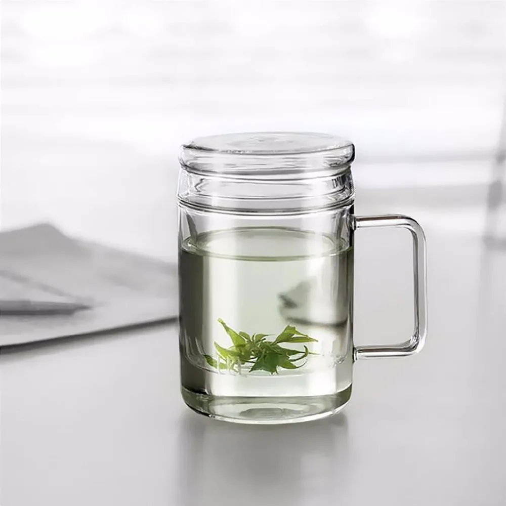 Handmade Glass Tea Cup with Lid and Tea Filter Simple Round Coffee Cup