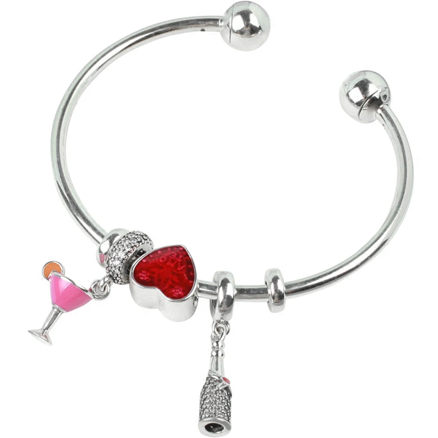 

100% 925 Sterling Silver Brand New 1:1 Authentic Wine Red Love Charm Hand Ladies Fashion Heart Love Opening Bracelet Set