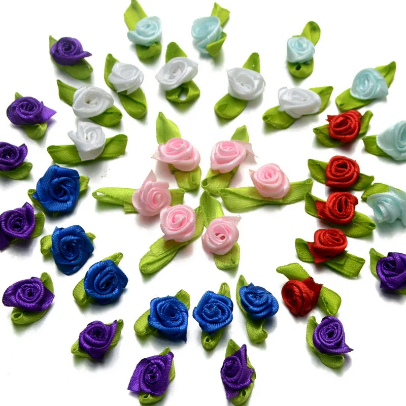 

100Pcs DIY Satin Ribbon Roses Flower Appliques Scrapbooking Sewing Handmade Small Wedding Party Craft Decor T1426