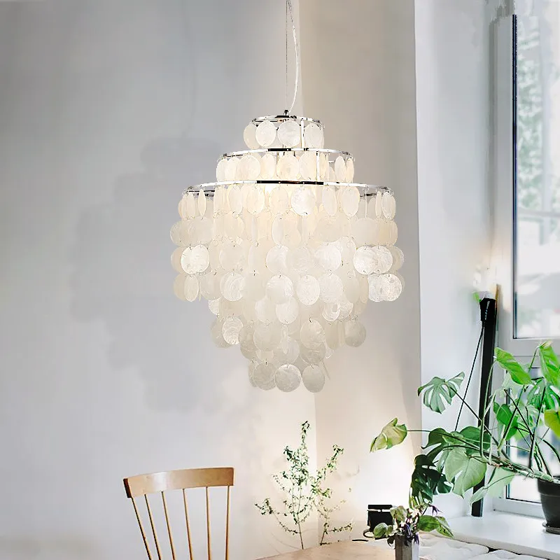 Modern Pendant Lamp Lighting With Natural Round Capiz Shells White