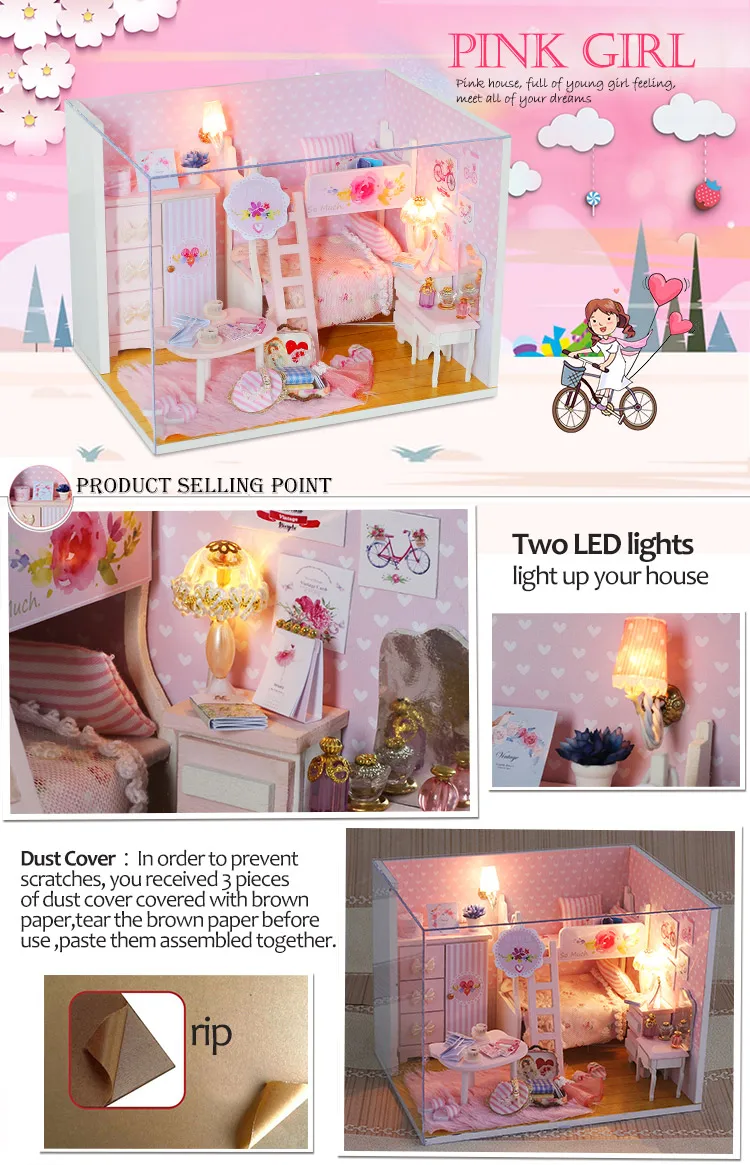 IiE CREATE Dollhouse Q0010 розовая девочка miniatue DIY комплект с подсветкой и пылезащитным покрытием