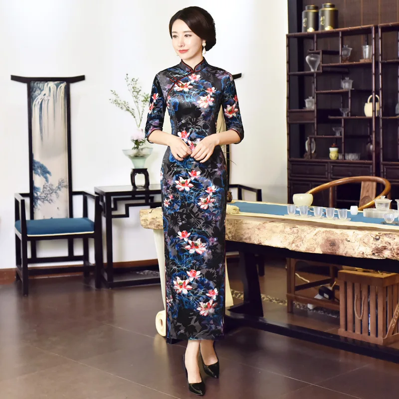 Китайский длинное платье Для женщин бархат среднего рукавом Cheongsam