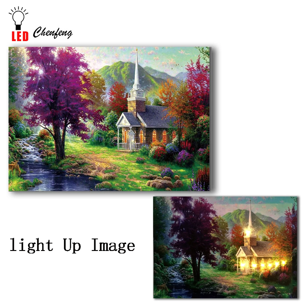 led canvas printing church in Forest Chapel with river landscape