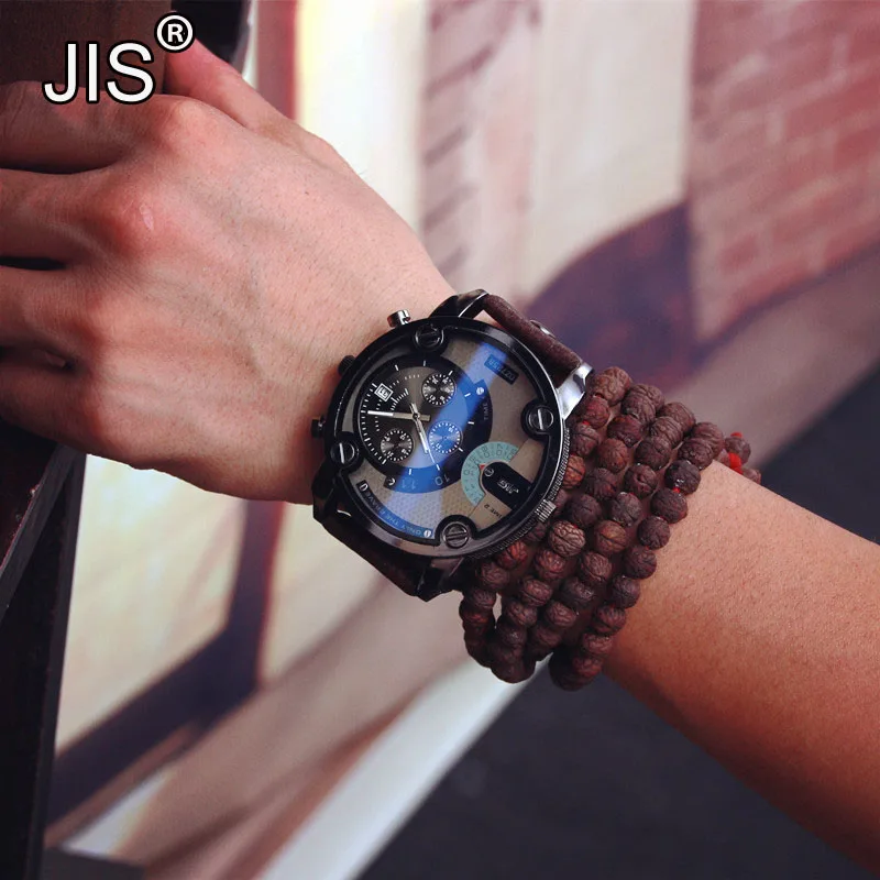 JIS Brand Blue Glass Большой циферблат черные кожаные кварцевые мужские часы модные