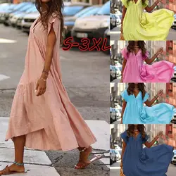 ZOGAA Для женщин летнее платье 2019 одноцветное с v-образным вырезом с коротким рукавом пляжный бохо платье Женский Повседневный свободный