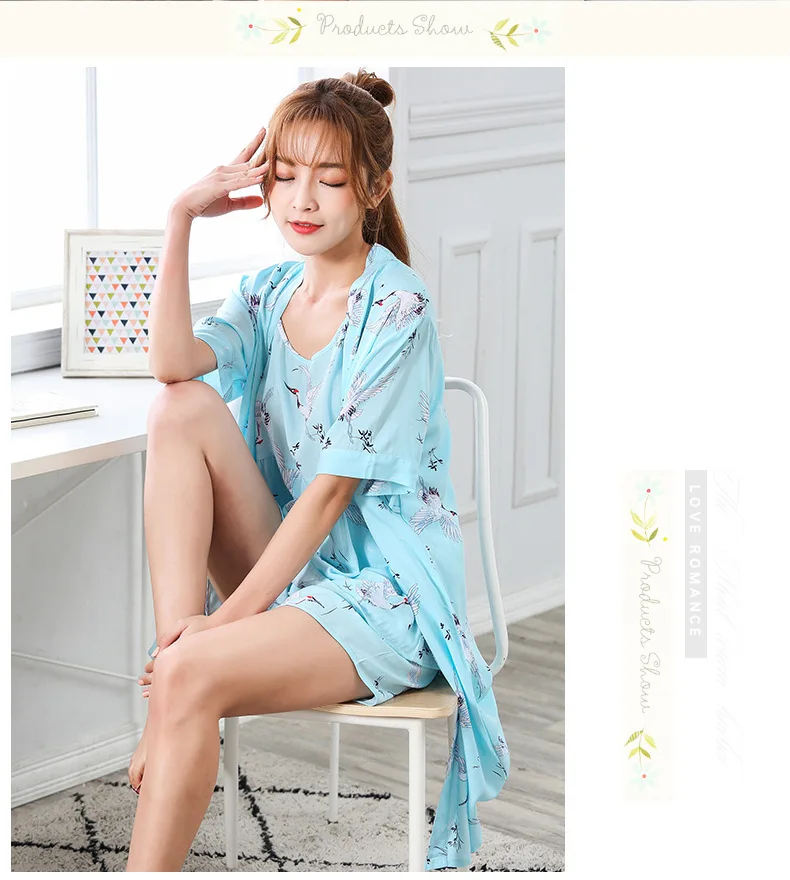 Women's pajamas autumn pure cotton long-sleeved summer sweet sexy suspenders nightgown three-piece suit home clothes flower