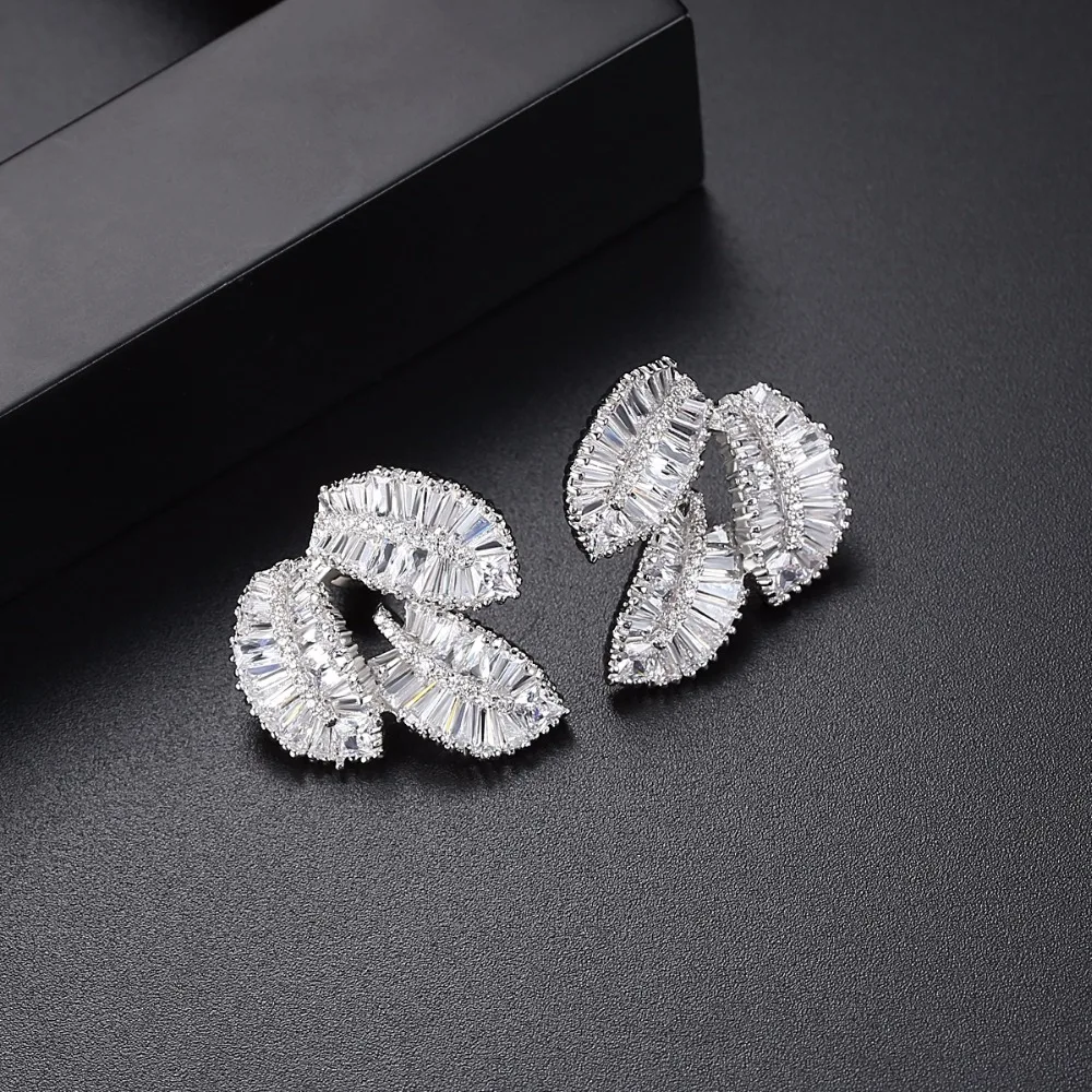 LUOTEEMI New Elegant Leaf Shaped Luxury Clear Cubic Zirconia Statement Big Stud Earring For Women Wedding Party Jewelry Earrings|stud earrings|stud