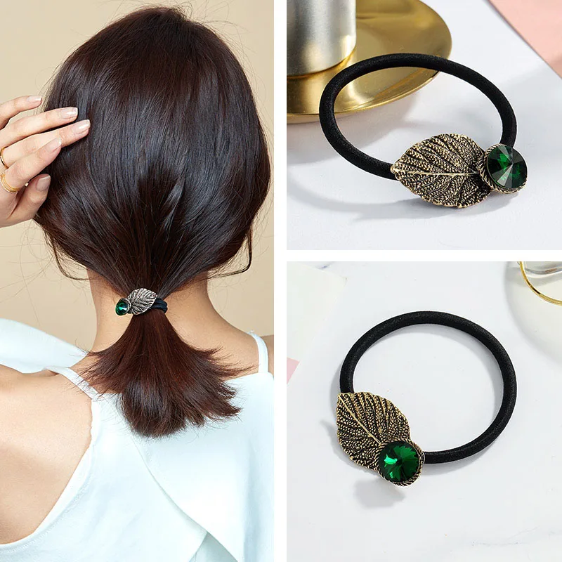 

CHIMERA Vintage Leaf Hair Ties Rope Metal Ponytail Holder Green Rhinestone Elastic Hair Band for Women Girls Hair Accessories