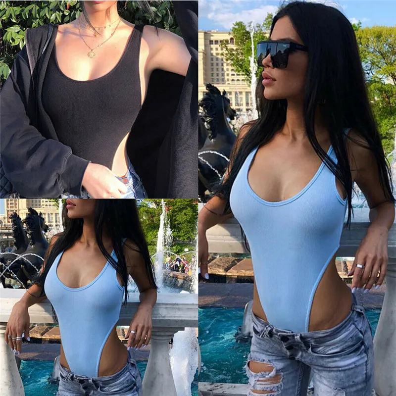 

Women's Sleeveless Bodysuit Stretch Ladies Casual Solid Blue Bodysuits