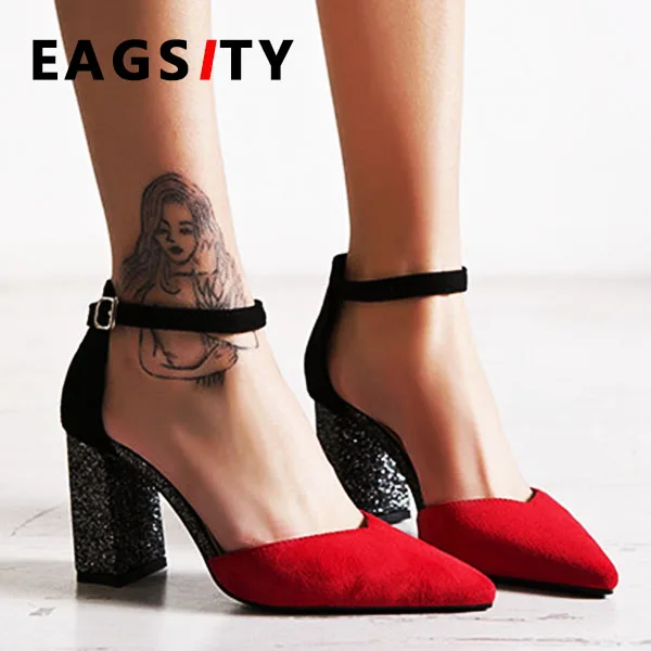 

EAGSITY Women high heel sandals square heel ankle strap runway pointed toe ladies sequined block heel sandals party wedding