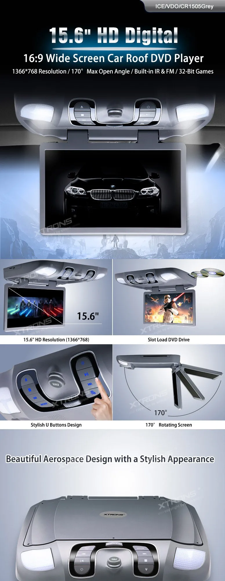 Top Grey 15.6" inch HD Car Roof  DVD Player with 1366*768 Resolution/170 Max Open Angle/Built-in IR & FM/32-Bit Games 0