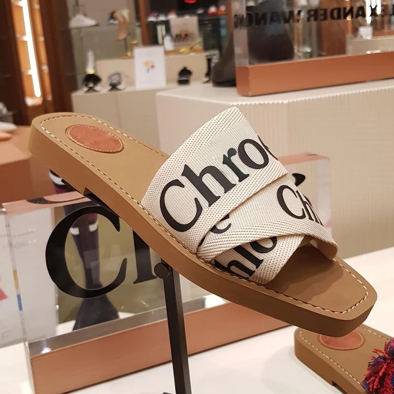 

Luxury Brand Woody Canvas Women Slippers Summer Famous Designers Ladies Flip Flops Flat Heel pantoufle femme