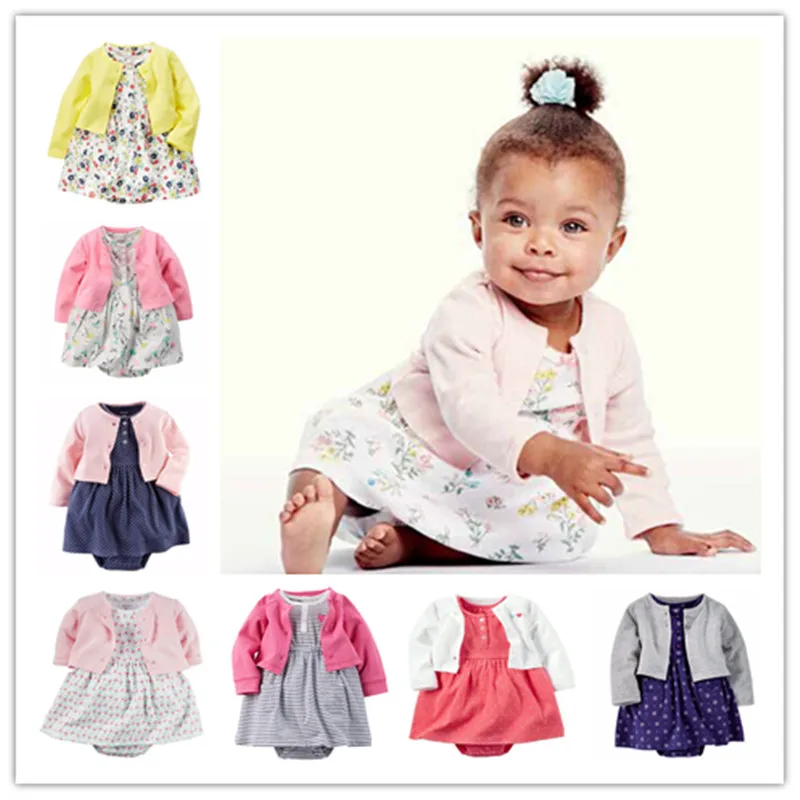 2016 brand baby girls dress 2pcs sets 100 cotton Jumpsuit dress + coat