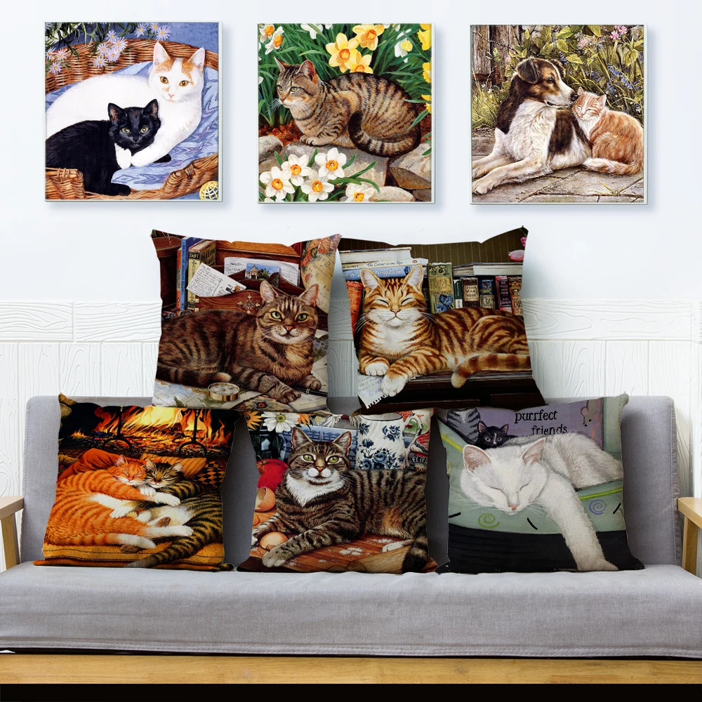 

Colorful Oil Painting Animal Pet Cat Cushion Cover Sofa Home Decor Pillowcase 45*45cm Linen Pillow Covers Throw Pillows Case