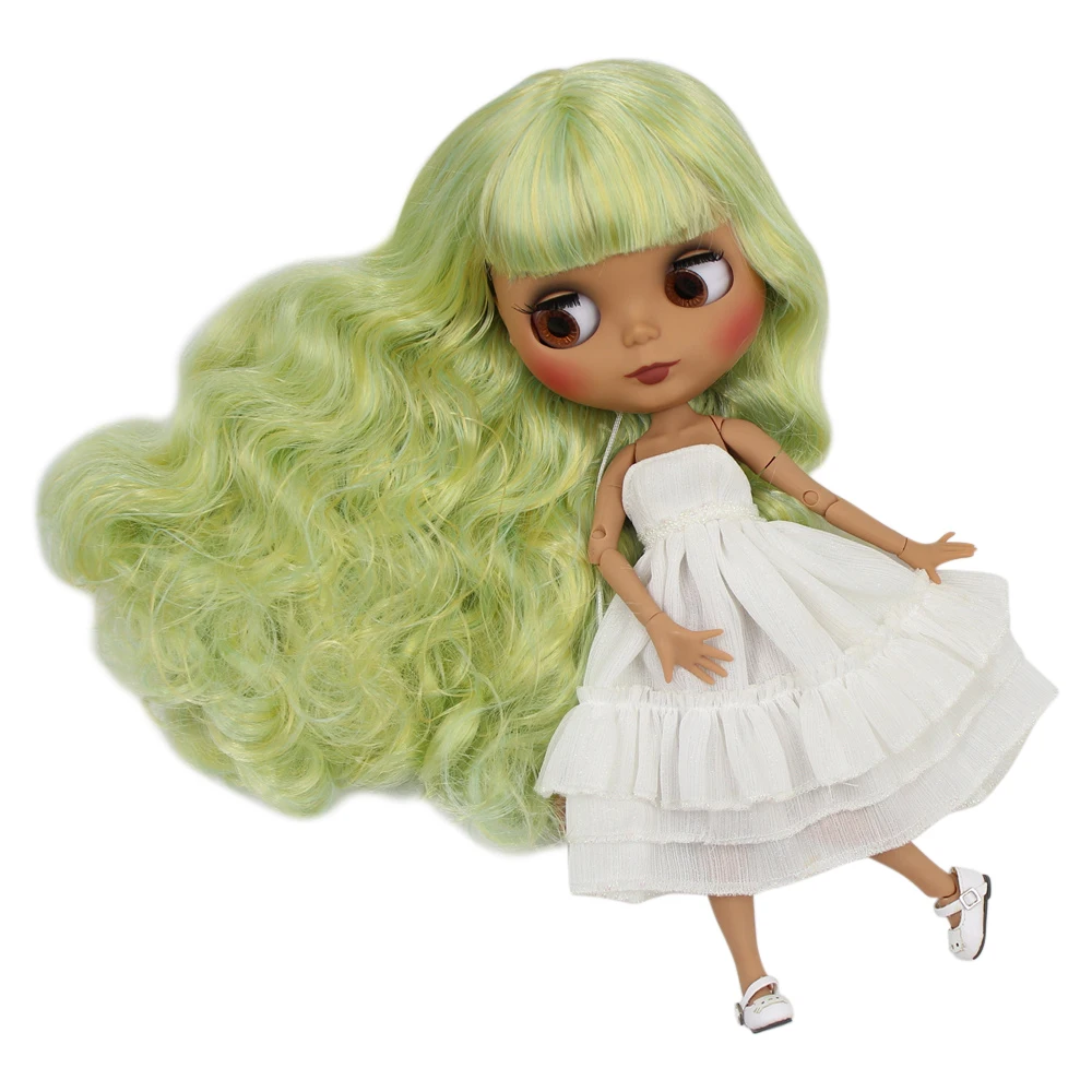 

ICY factory blyth doll dark skin joint body new matte face fresh green mixed color curls hair DIY sd gift toy