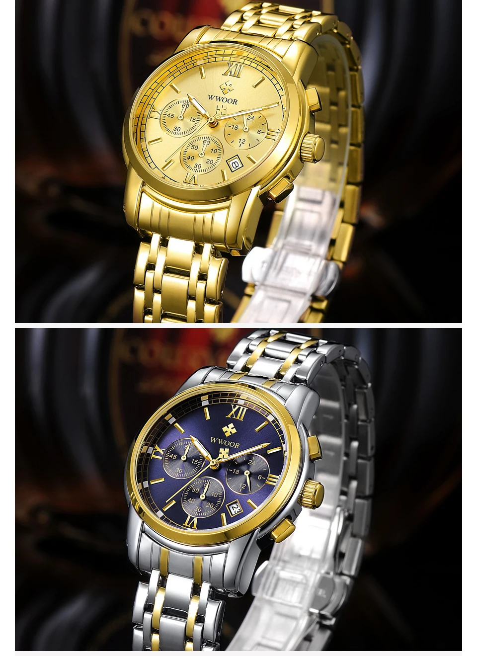 WWOOR мужские часы, хронограф Бизнес Кварцевые мужские s часы лучший бренд роскошное Золотое и Серебряное стальной ремешок мужские часы мужские наручные часы синий
