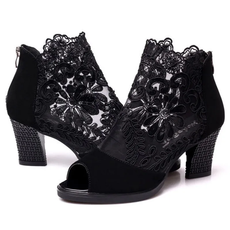 Rimocy summer ankle boots for women square high heels botines mujer lace shoes woman peep toe sandals embroider pumps femme - Color: Black