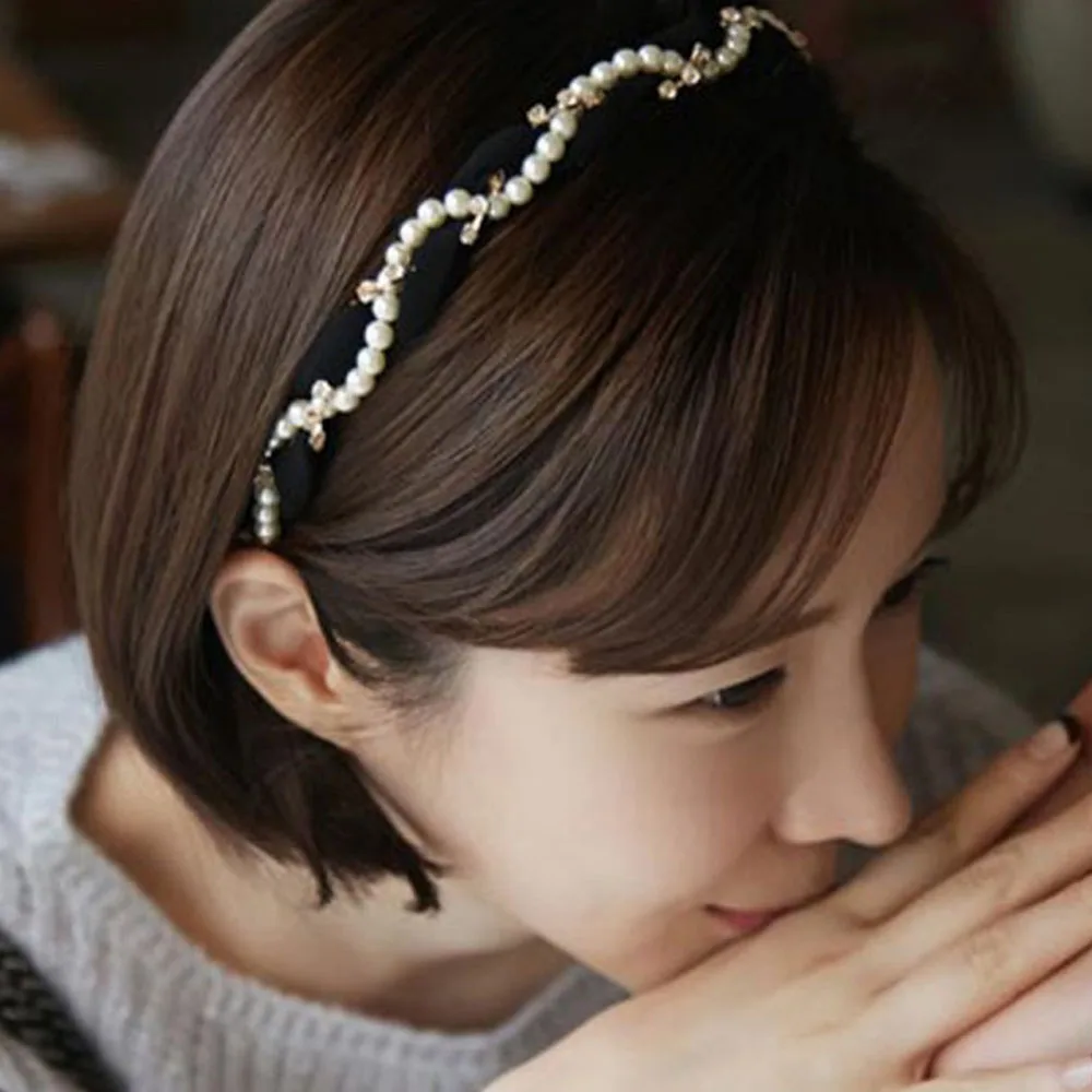 1PC Korean Hair Accessories Women Ladies Crystal Rhinestone Headband Head Piece Hair Band Pearl