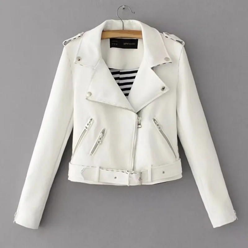 

2019 Autumn/winter New Women's Casual Leather Jacket coat with belt Solid Pink White Color PU Faux HIgh Quality Slim Fit Tops