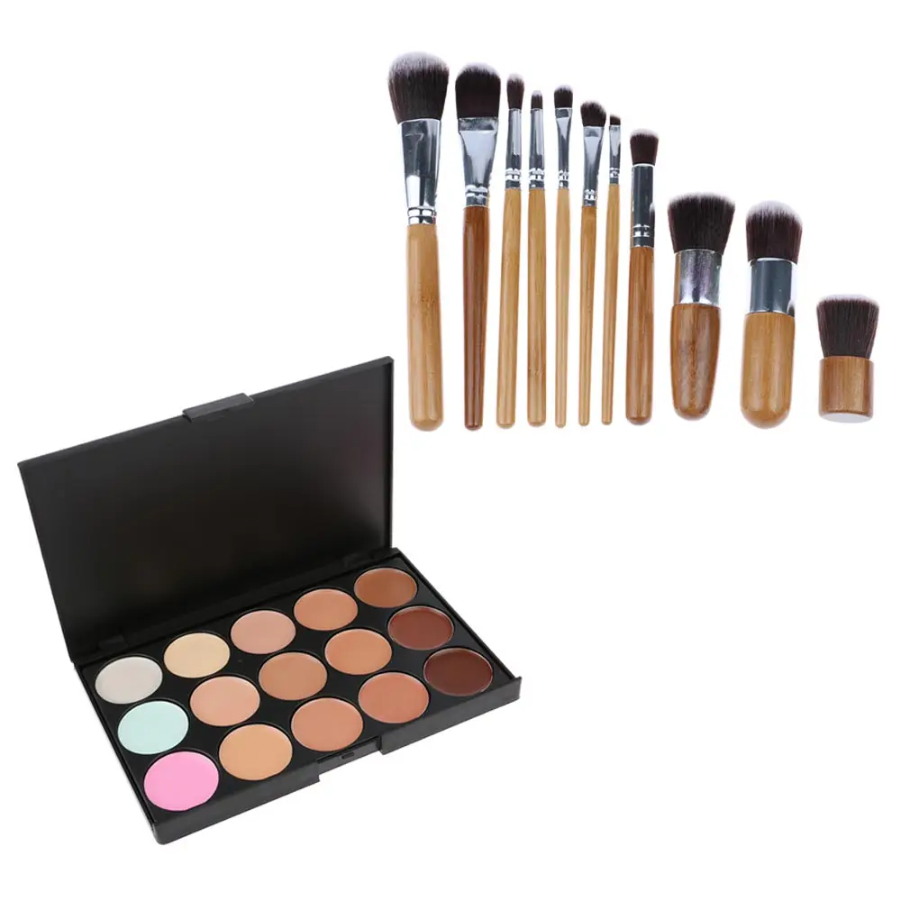 15 Colors Concealer EyeShadow Palette Kit with 11Pcs Bamboo Makeup Powder Brush