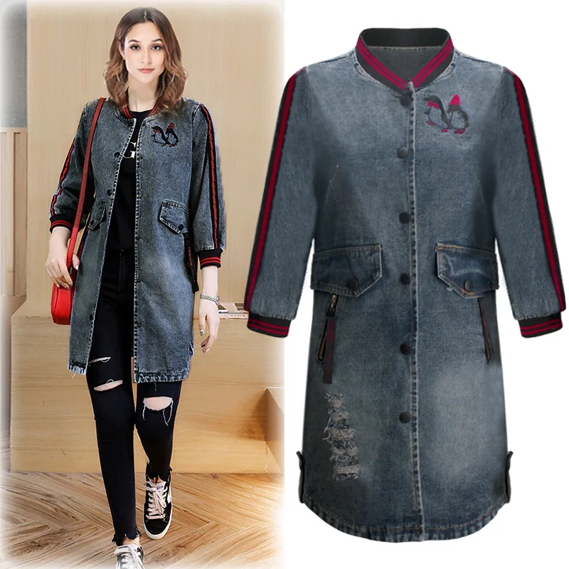 

New Spring Autumn Women Coat Plus Size Casual Loose Stand Collar Hole Three Quarter Jeans Coat For Women Denim Trench Outerwear