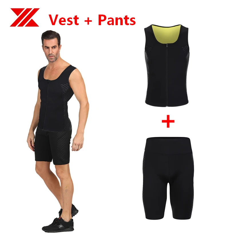 

HEXIN Men Neoprene Slimming Tank Shapewear Tummy Control Body Shaper Waist Trainer Trimmer Compression(Vest Pants 2 Pcs One Set)