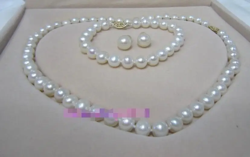 

Free Shipping >>>>AAA18"9-10mm natural south sea white pearl necklace bracelet earrings set 14K