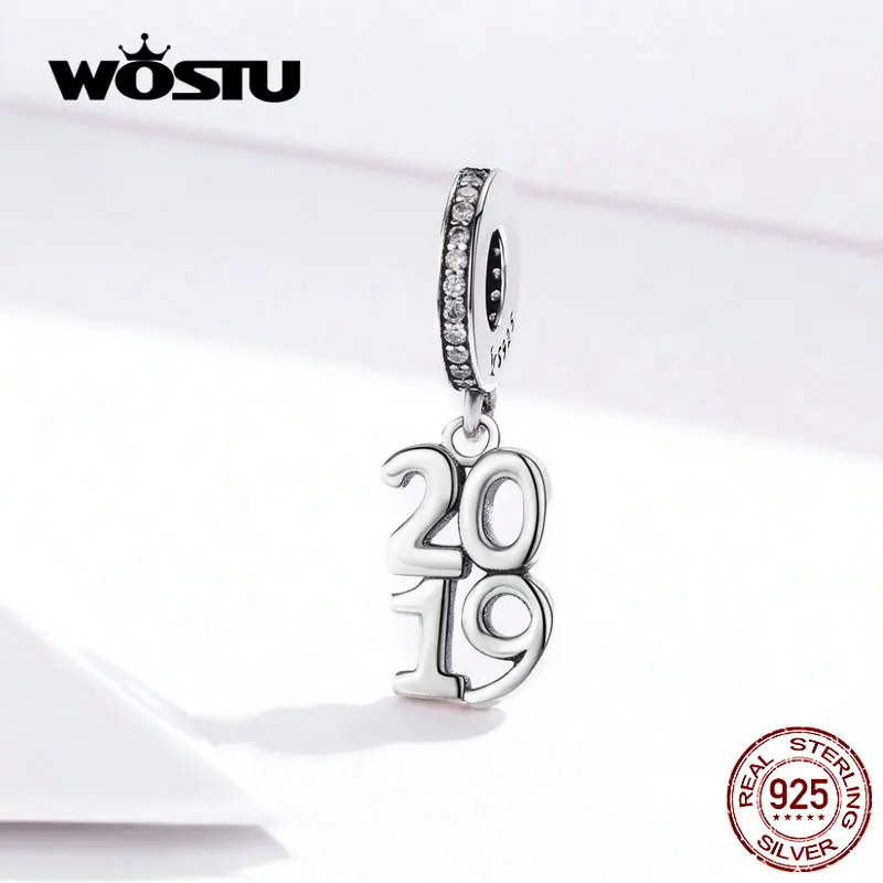 

WOSTU 2019 Lucky Year Number Dangle Charm 925 Sterling Silver Beads Fit Original DIY Bracelet Pendant Friendship Jewelry FIC1219