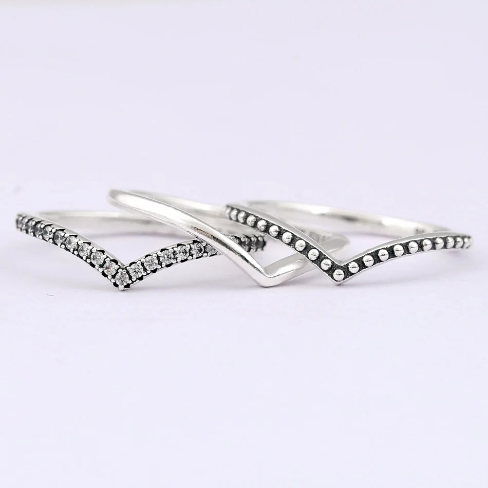 Authentic 925 Sterling Silver Ring Wish Bone Ring Set With Crystal Stack Rings For Women Wedding Party Gift Fine Europe Jewelry