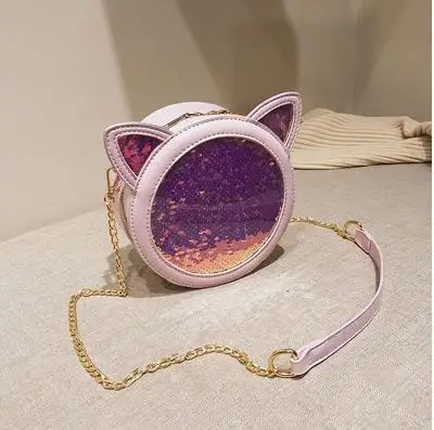 Цветные блестки, круглый дизайн, Мультяшные кошачьи уши, повседневная женская сумка через плечо, маленькая сумка через плечо, женская сумка - Цвет: Розовый