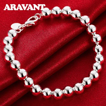 

925 Silver 8MM Smooth Bead Bracelets Chains For Women Men Fashion Jewelry