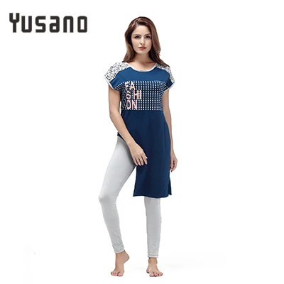 Yusano пижамы Для женщин хлопок O шеи короткий рукав Кружева лоскутное письмо печать нерегулярные пижамы кигуруми синий и красный цвета Ночное - Цвет: blue