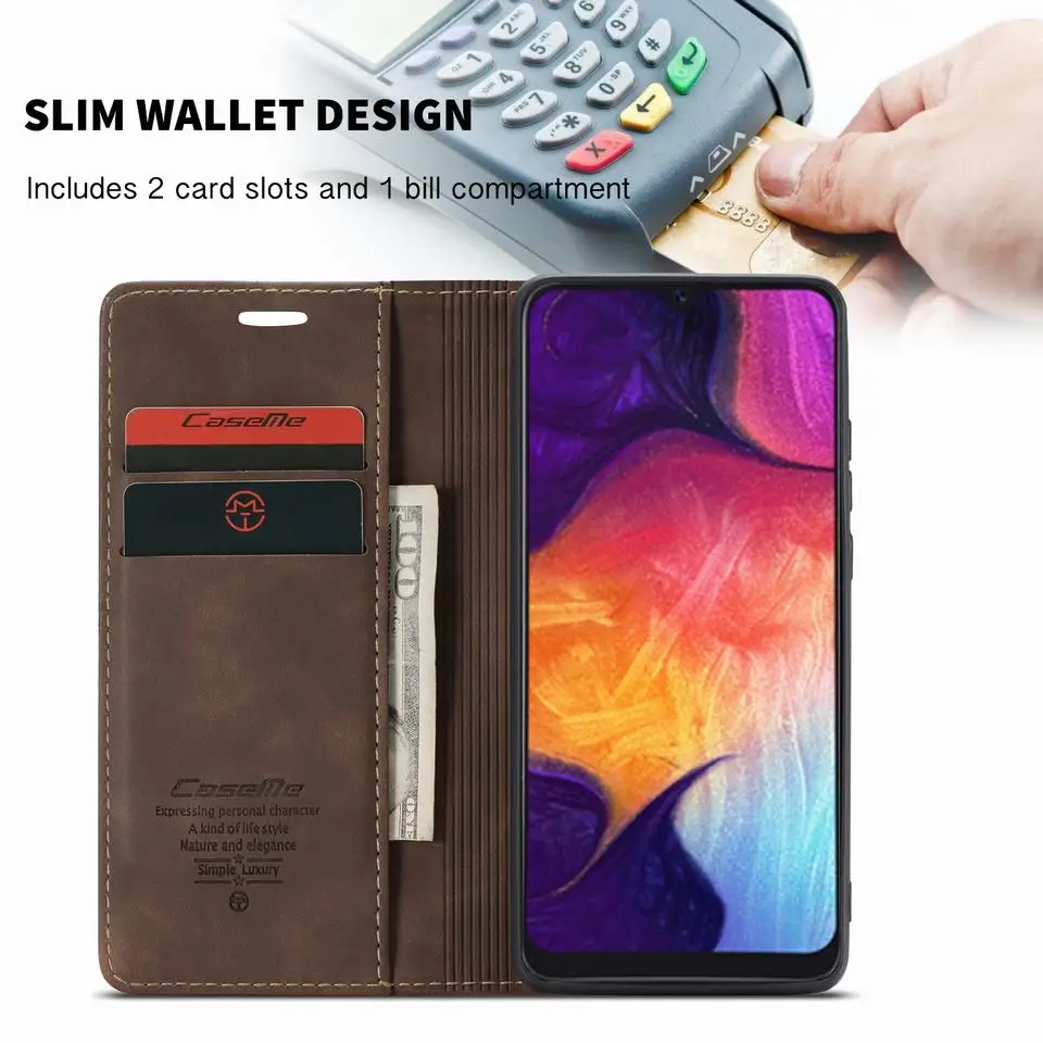 Étui en cuir à rabat magnétique de luxe pour Samsung A50 A 50 étuis couverture portefeuille fentes pour cartes Design livre Vintage pour Galaxy A50
