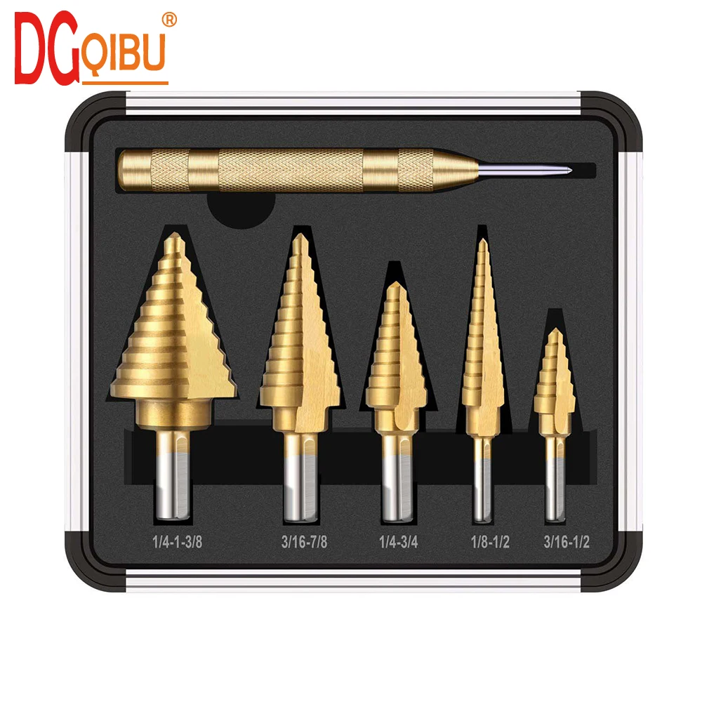 

New Arrival High Quality 6pcs/Set HSS COBALT MULTIPLE HOLE 50 Sizes STEP DRILL BIT SET w Aluminum Case
