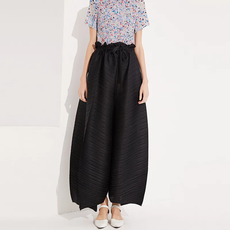 

Plus Size Pants Women Miyake Pleats 2019 Spring Summer Personality Elastic Waist Belted Solid Color Casual Wide-leg Pants