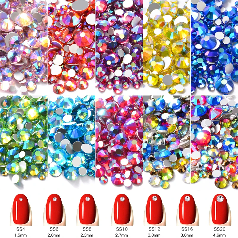 1Pack Shiny 10 Color Crystal AB Nail Art Rhinestone Decorations Mixed Size FlatBack 3D Diamond Glas