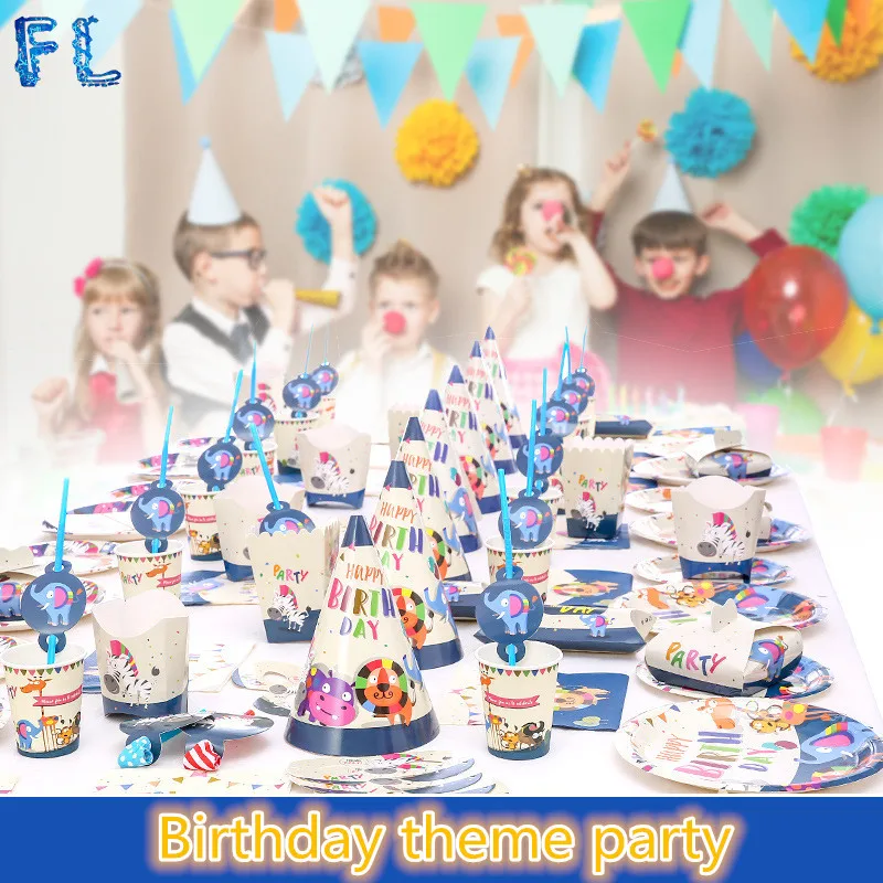 

Carton Animal Zoo Theme Disposable Paper Plates Cup Set for Invitation Card Birthday Party Decorations Kids Adult Party Supplies