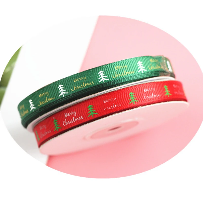 

25yards 1cm 2 colors Red Green Merry Christmas Golden Words Christmas Tree Ribbon Webbing for Christmas Gift Packaging